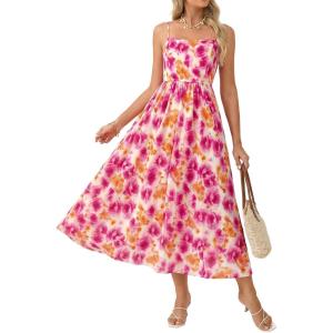 GRACE KARIN Summer Wedding Guest Dresses for Women 2026, Spaghetti Strap Beach Boho Maxi Dress,Flowy Floral Dress with Pocket(Orange Pink)