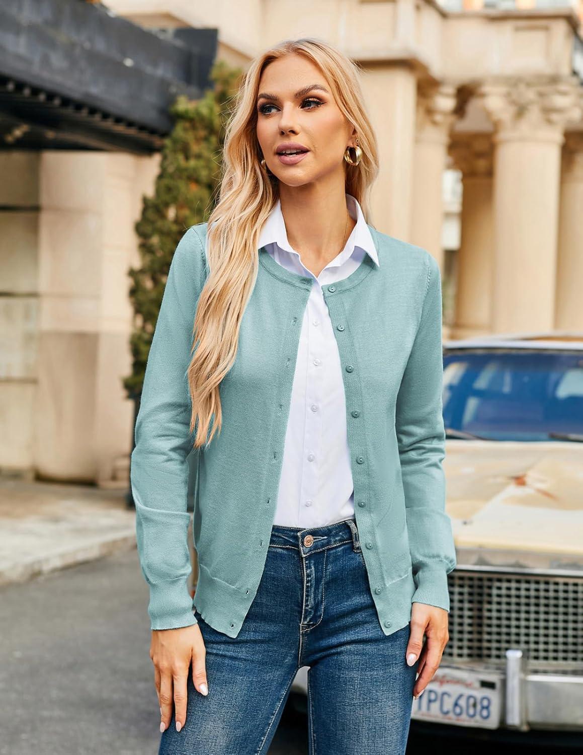 imageGRACE KARIN Womens Long Sleeve Button Down Crew Neck Classic Sweater Knit CardiganBlue Green