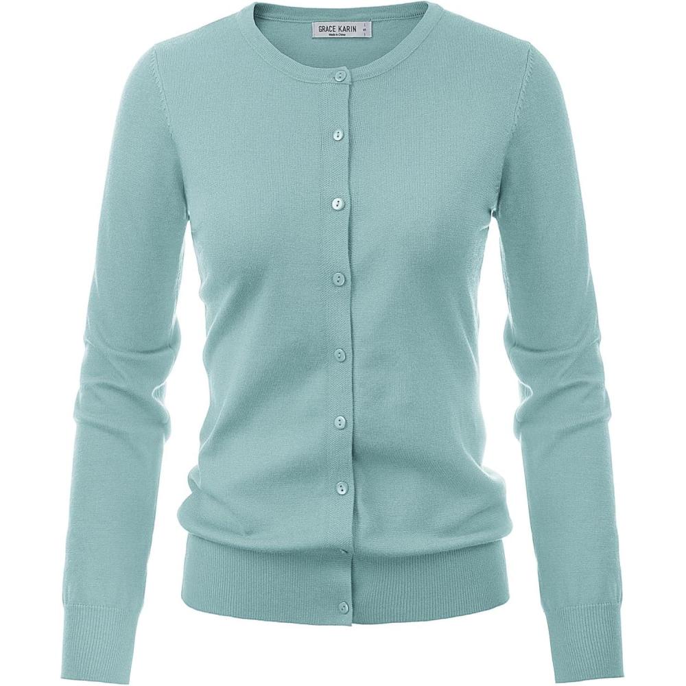 imageGRACE KARIN Womens Long Sleeve Button Down Crew Neck Classic Sweater Knit CardiganBlue Green