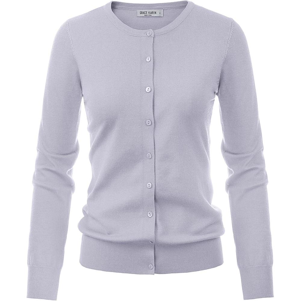 imageGRACE KARIN Womens Long Sleeve Button Down Crew Neck Classic Sweater Knit CardiganLight Purple