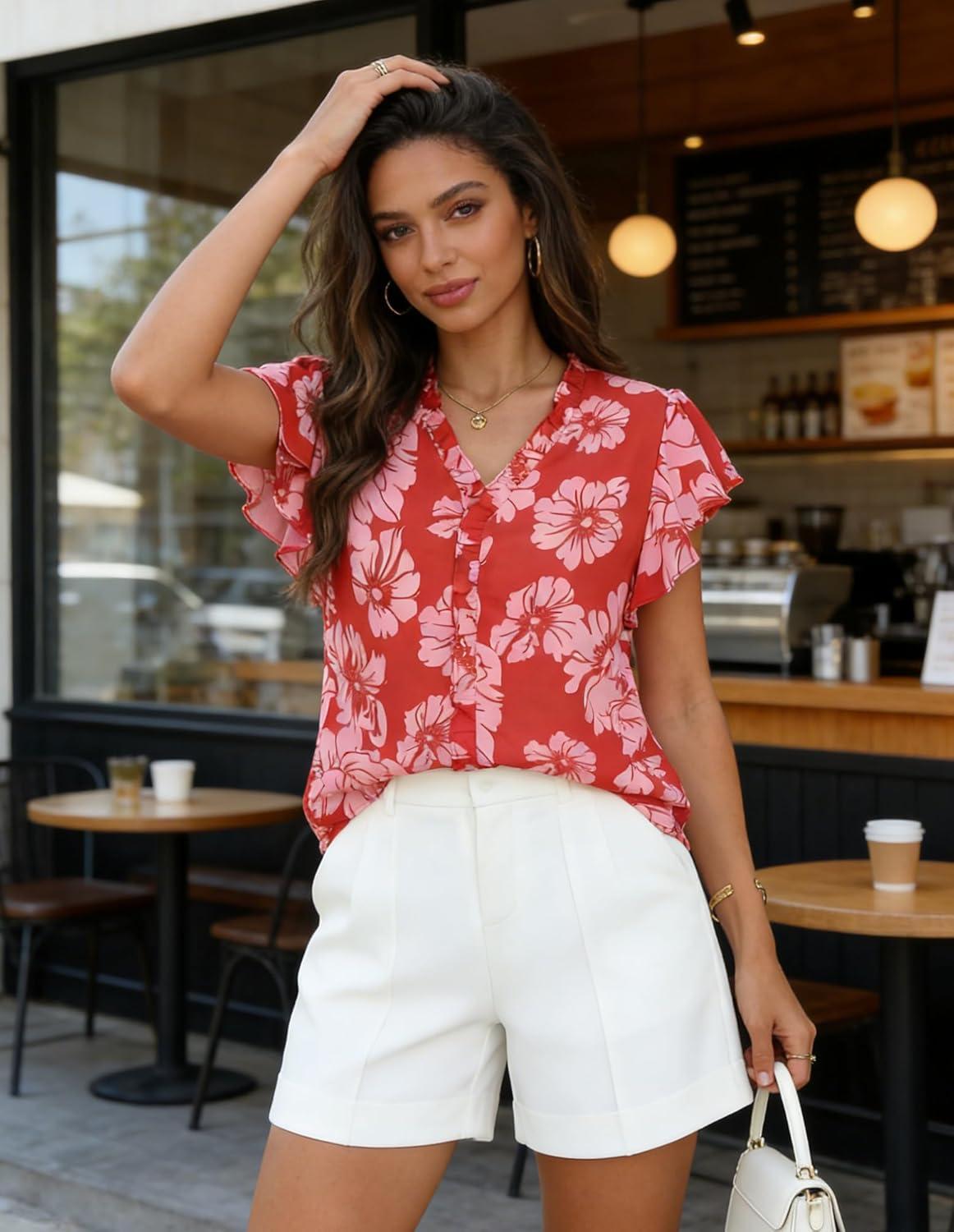 imageGRACE KARIN 2026 Boho Tops for Women Dressy CasualRuffle Sleeve Chiffon Blouses Work ShirtsV Neck Summer Fashion ClothesRed Pink