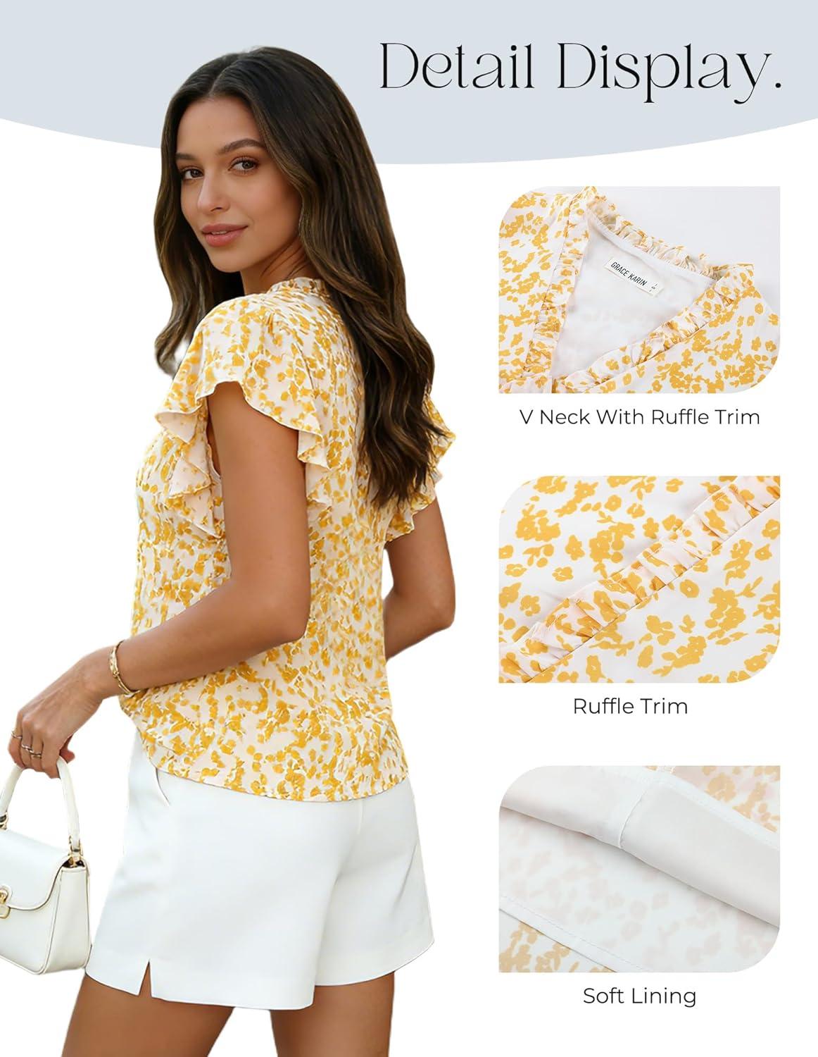 imageGRACE KARIN 2026 Boho Tops for Women Dressy CasualRuffle Sleeve Chiffon Blouses Work ShirtsV Neck Summer Fashion ClothesYellow