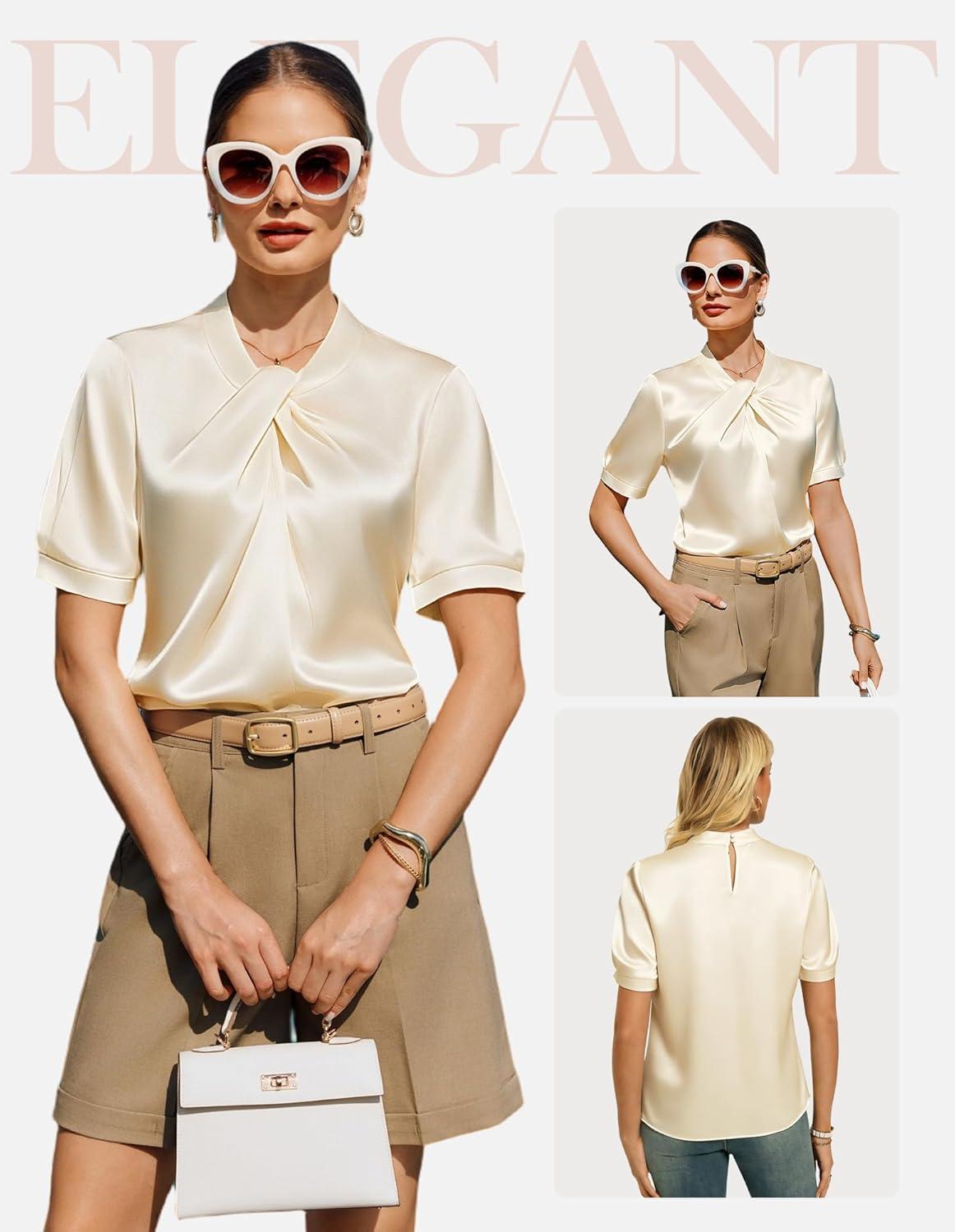 imageGRACE KARIN 2026 Women Satin Tops Short Sleeve Blouse Mock Neck Work Silk Shirts Business Casual OutfitsChampagne