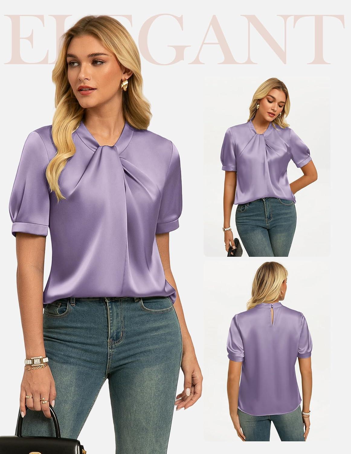 imageGRACE KARIN 2026 Women Satin Tops Short Sleeve Blouse Mock Neck Work Silk Shirts Business Casual OutfitsLilac Purple