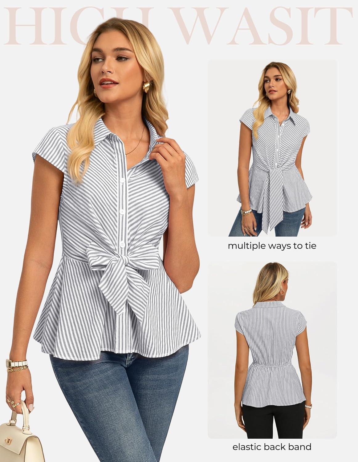 imageGRACE KARIN Striped Button Down Shirts WomenShort Sleeve Peplum Tops Business CasualTie Front Work Cotton Blouses SummerGrey