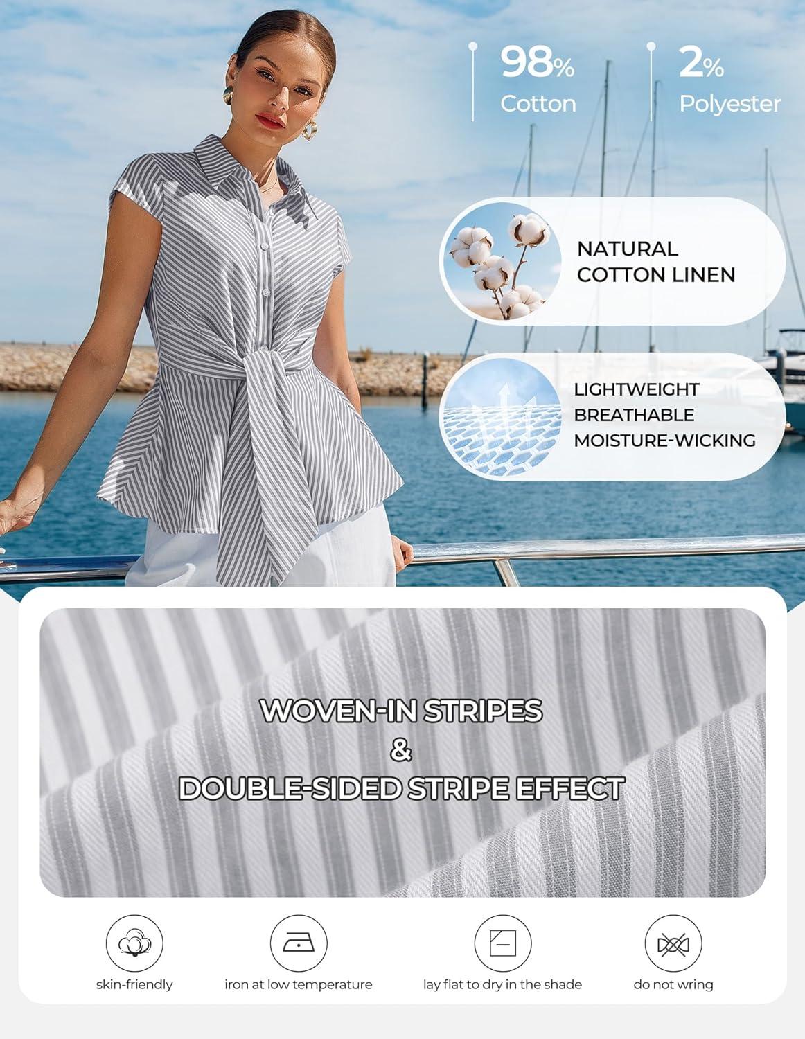 imageGRACE KARIN Striped Button Down Shirts WomenShort Sleeve Peplum Tops Business CasualTie Front Work Cotton Blouses SummerGrey