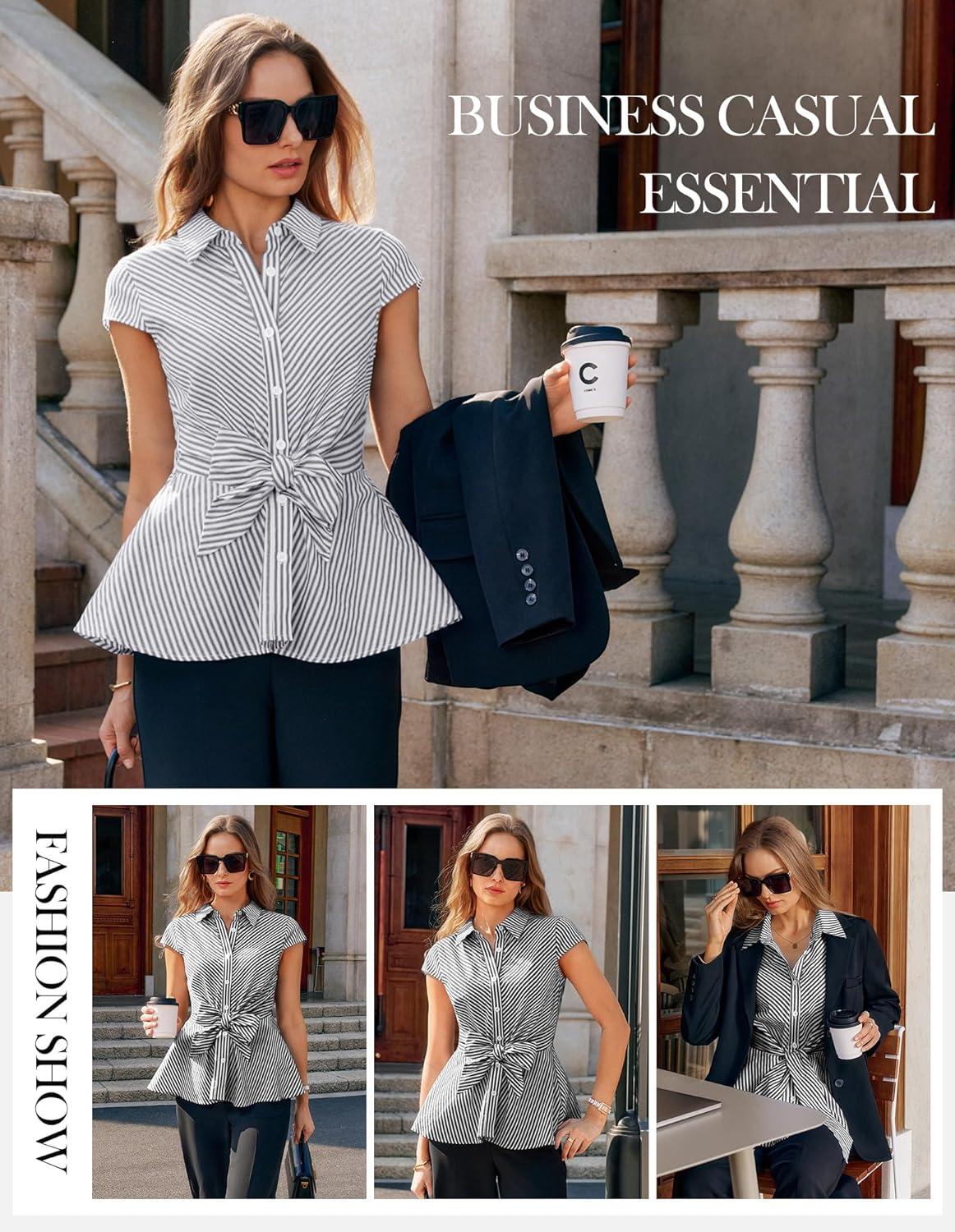 imageGRACE KARIN Striped Button Down Shirts WomenShort Sleeve Peplum Tops Business CasualTie Front Work Cotton Blouses SummerGrey