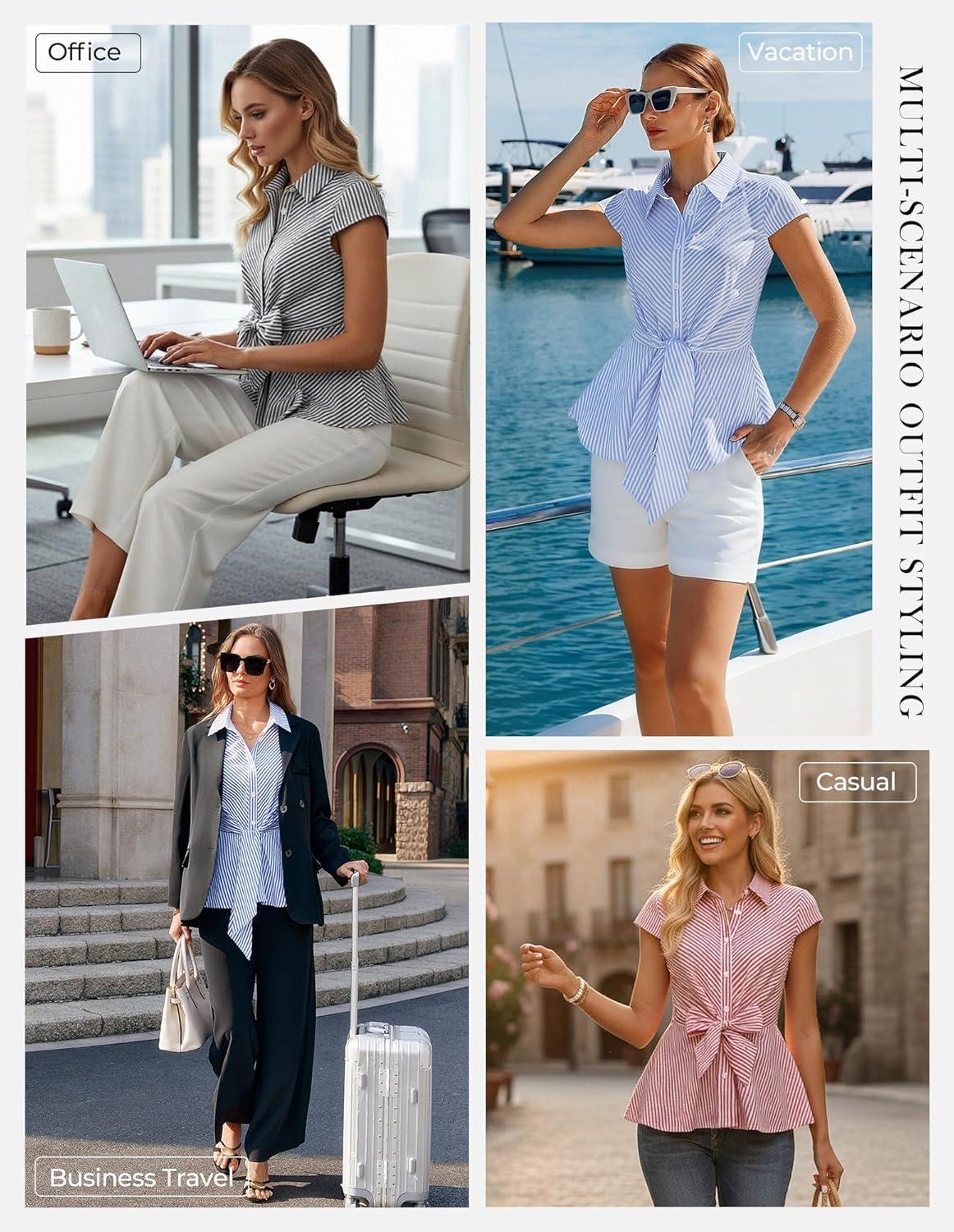 imageGRACE KARIN Striped Button Down Shirts WomenShort Sleeve Peplum Tops Business CasualTie Front Work Cotton Blouses SummerGrey