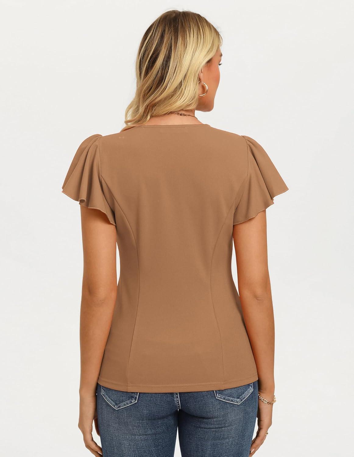 imageGRACE KARIN Summer Blouses for Women Dressy Casual 2026 Ruffle Sleeve Peplum Tops Business Work Shirt Fashioin ClothingKhaki