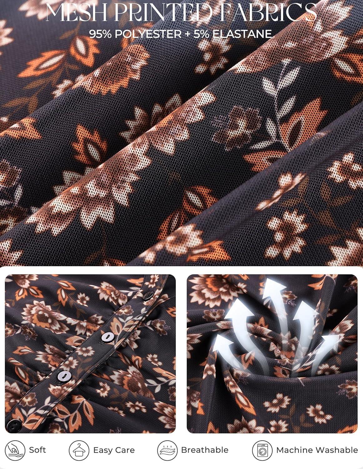 imageGRACE KARIN Women Mesh Boho Tops Dressy Casual Short Sleeve Button Down Collared Shirts 2026 Summer Fashion Floral BlousesBlack Floral