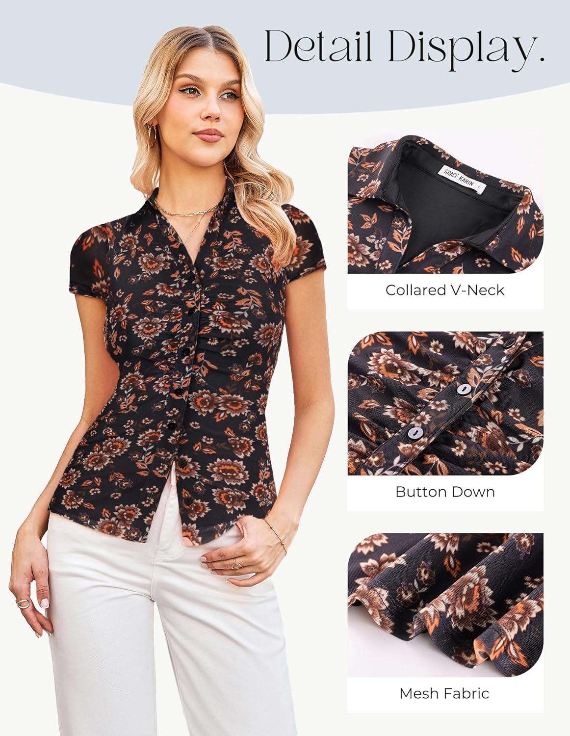 imageGRACE KARIN Women Mesh Boho Tops Dressy Casual Short Sleeve Button Down Collared Shirts 2026 Summer Fashion Floral BlousesBlack Floral
