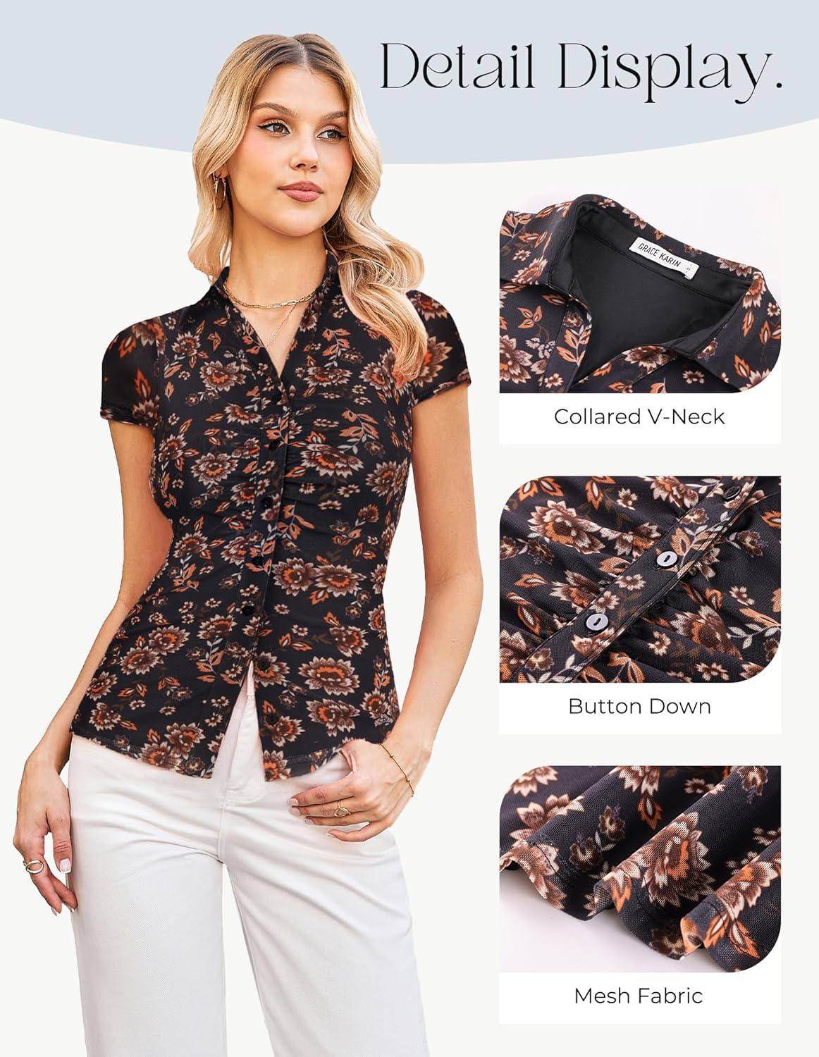 imageGRACE KARIN Women Mesh Boho Tops Dressy Casual Short Sleeve Button Down Collared Shirts 2026 Summer Fashion Floral BlousesBlack Floral
