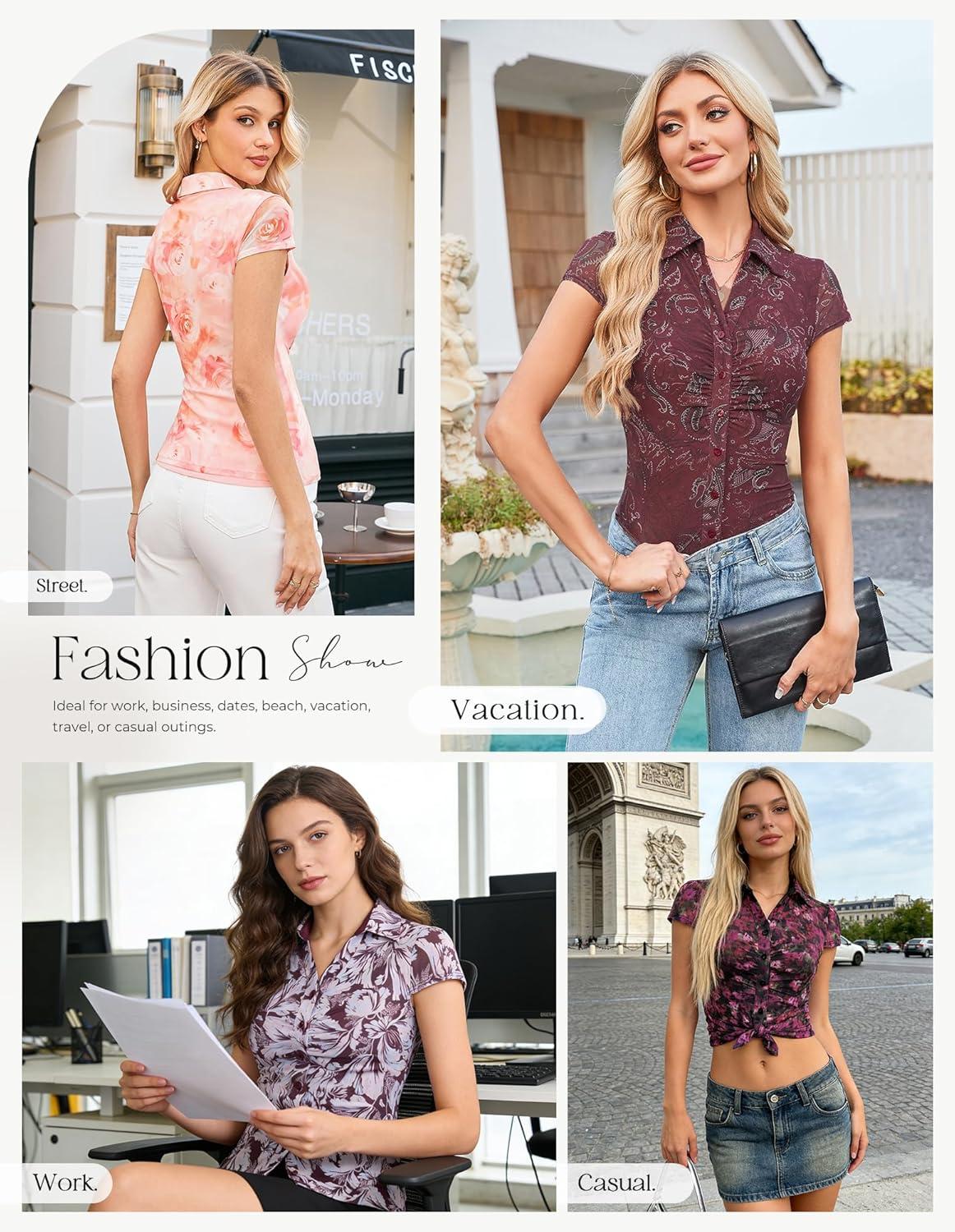 imageGRACE KARIN Women Mesh Boho Tops Dressy Casual Short Sleeve Button Down Collared Shirts 2026 Summer Fashion Floral BlousesBlack Floral