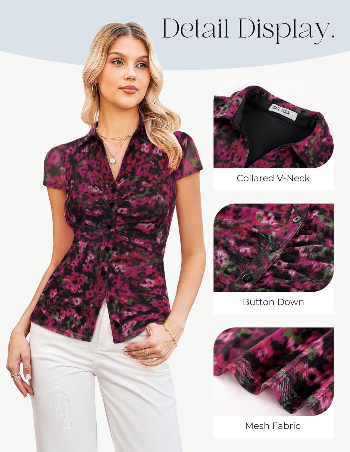 imageGRACE KARIN Women Mesh Boho Tops Dressy Casual Short Sleeve Button Down Collared Shirts 2026 Summer Fashion Floral BlousesBlack Red