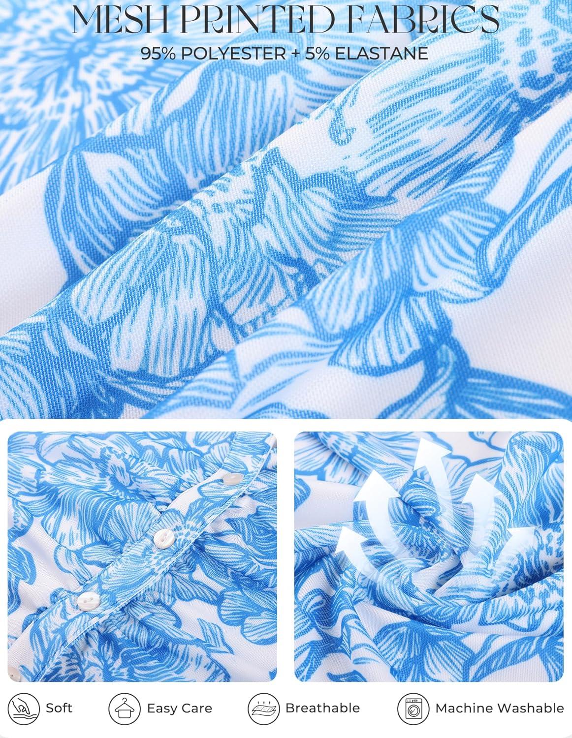 imageGRACE KARIN Women Mesh Boho Tops Dressy Casual Short Sleeve Button Down Collared Shirts 2026 Summer Fashion Floral BlousesBlue White