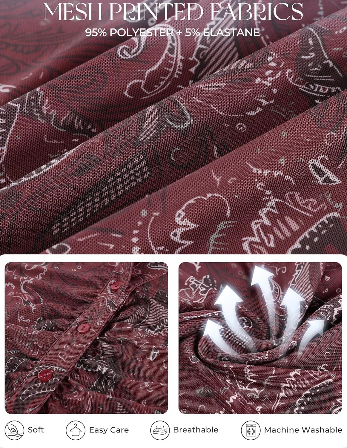 imageGRACE KARIN Women Mesh Boho Tops Dressy Casual Short Sleeve Button Down Collared Shirts 2026 Summer Fashion Floral BlousesBurgundy