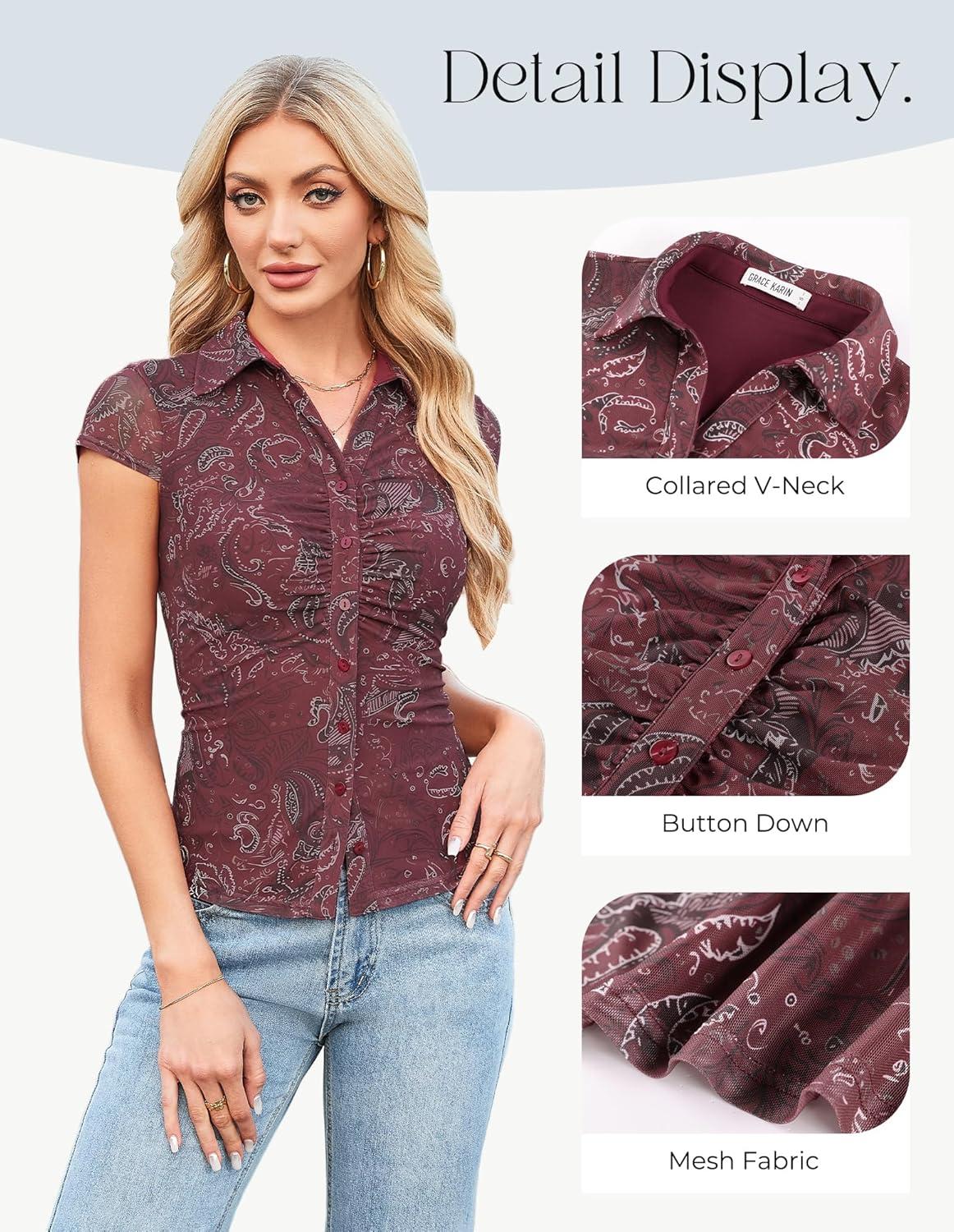 imageGRACE KARIN Women Mesh Boho Tops Dressy Casual Short Sleeve Button Down Collared Shirts 2026 Summer Fashion Floral BlousesBurgundy