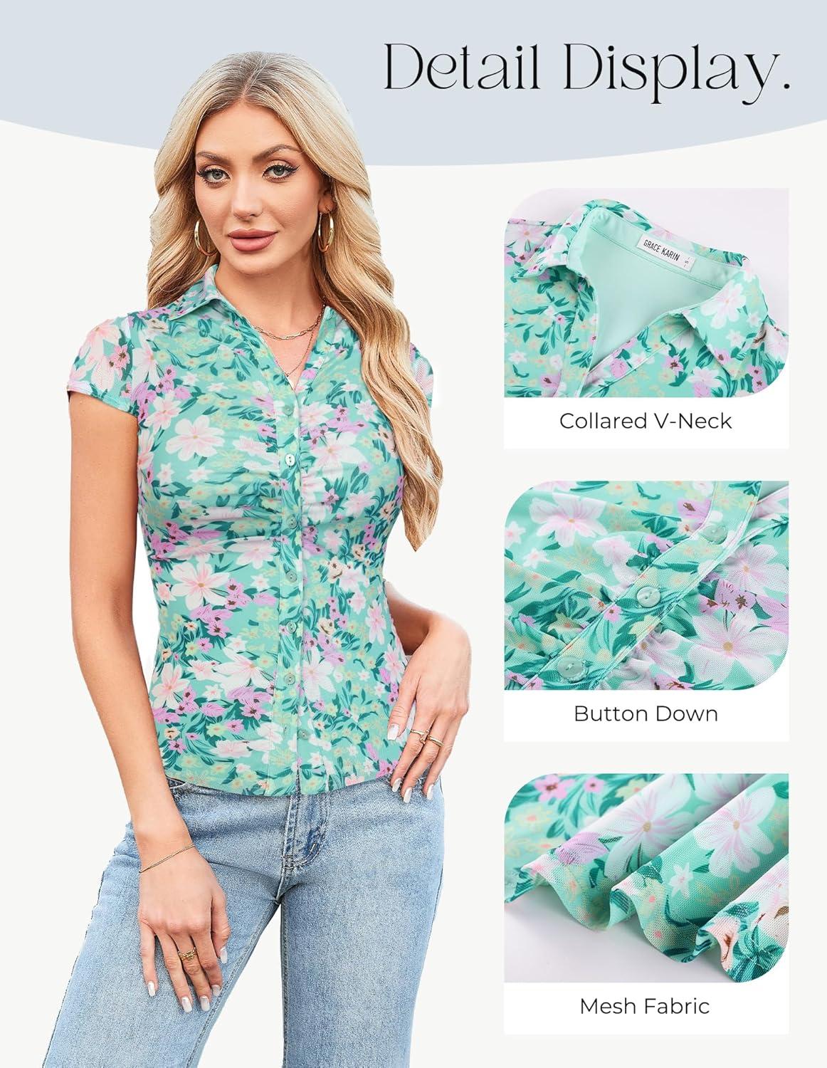 imageGRACE KARIN Women Mesh Boho Tops Dressy Casual Short Sleeve Button Down Collared Shirts 2026 Summer Fashion Floral BlousesGreen