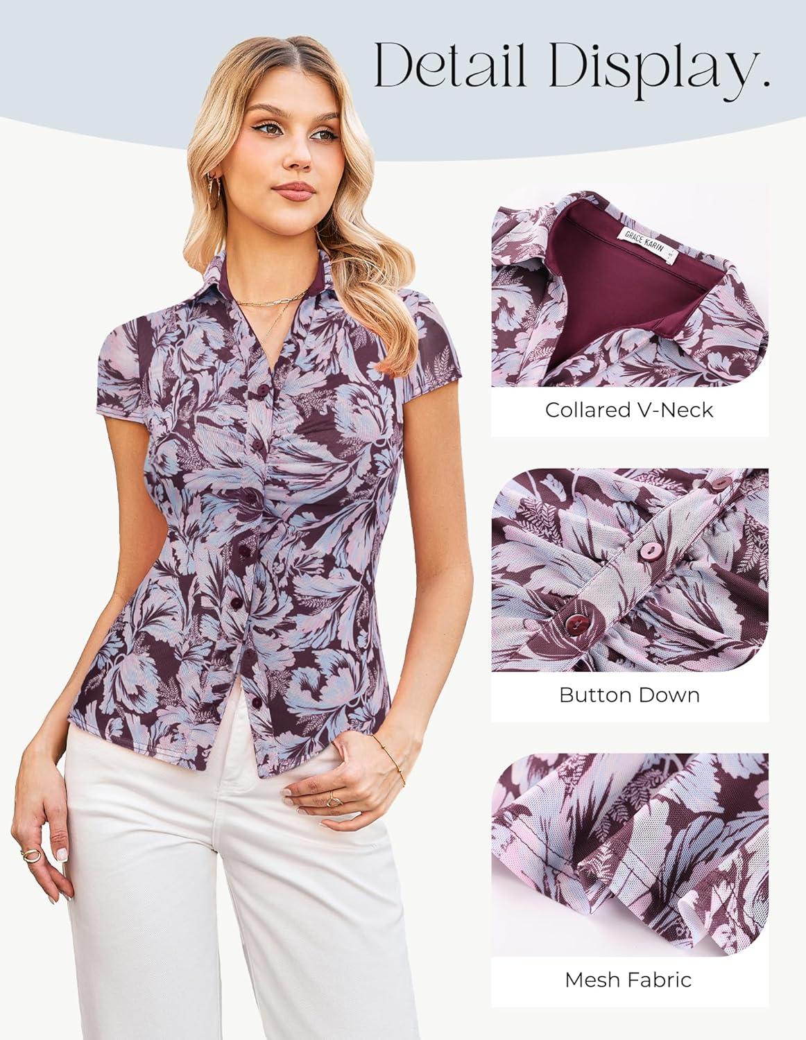 imageGRACE KARIN Women Mesh Boho Tops Dressy Casual Short Sleeve Button Down Collared Shirts 2026 Summer Fashion Floral BlousesMulti Purple