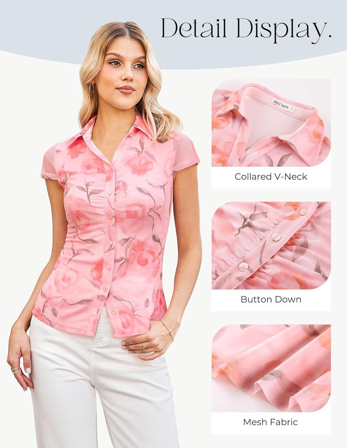 imageGRACE KARIN Women Mesh Boho Tops Dressy Casual Short Sleeve Button Down Collared Shirts 2026 Summer Fashion Floral BlousesPink