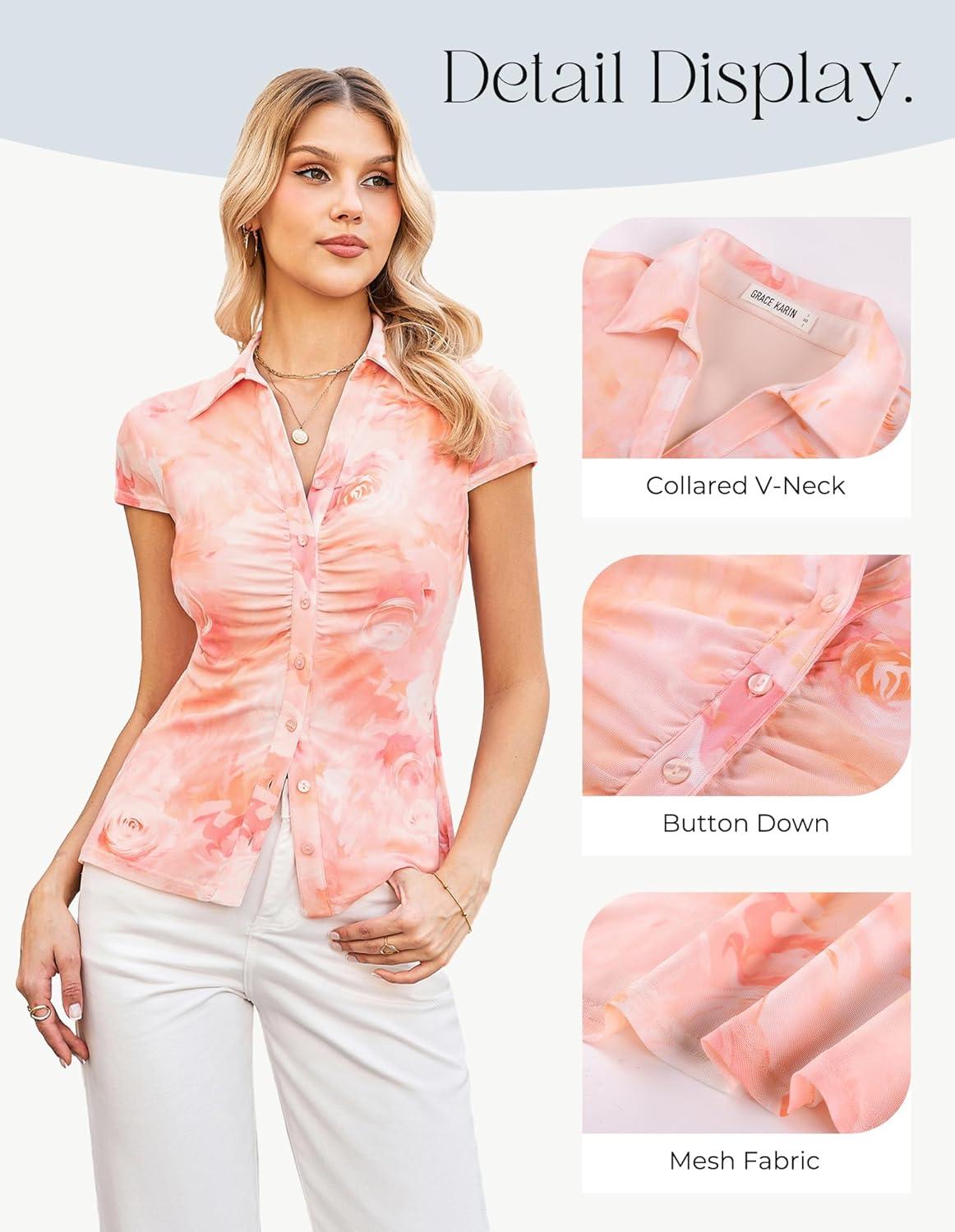 imageGRACE KARIN Women Mesh Boho Tops Dressy Casual Short Sleeve Button Down Collared Shirts 2026 Summer Fashion Floral BlousesPink Orange