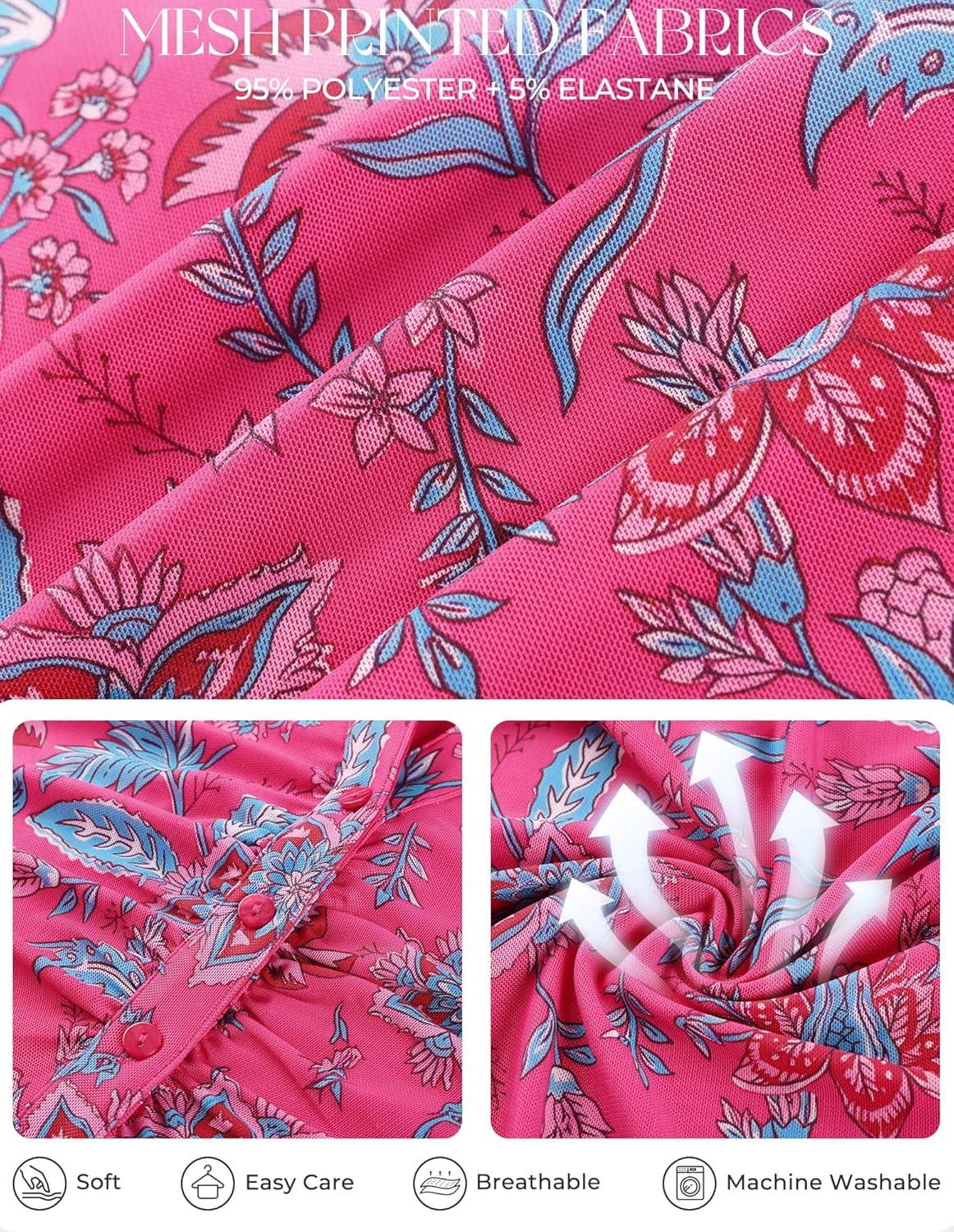 imageGRACE KARIN Women Mesh Boho Tops Dressy Casual Short Sleeve Button Down Collared Shirts 2026 Summer Fashion Floral BlousesRose Red