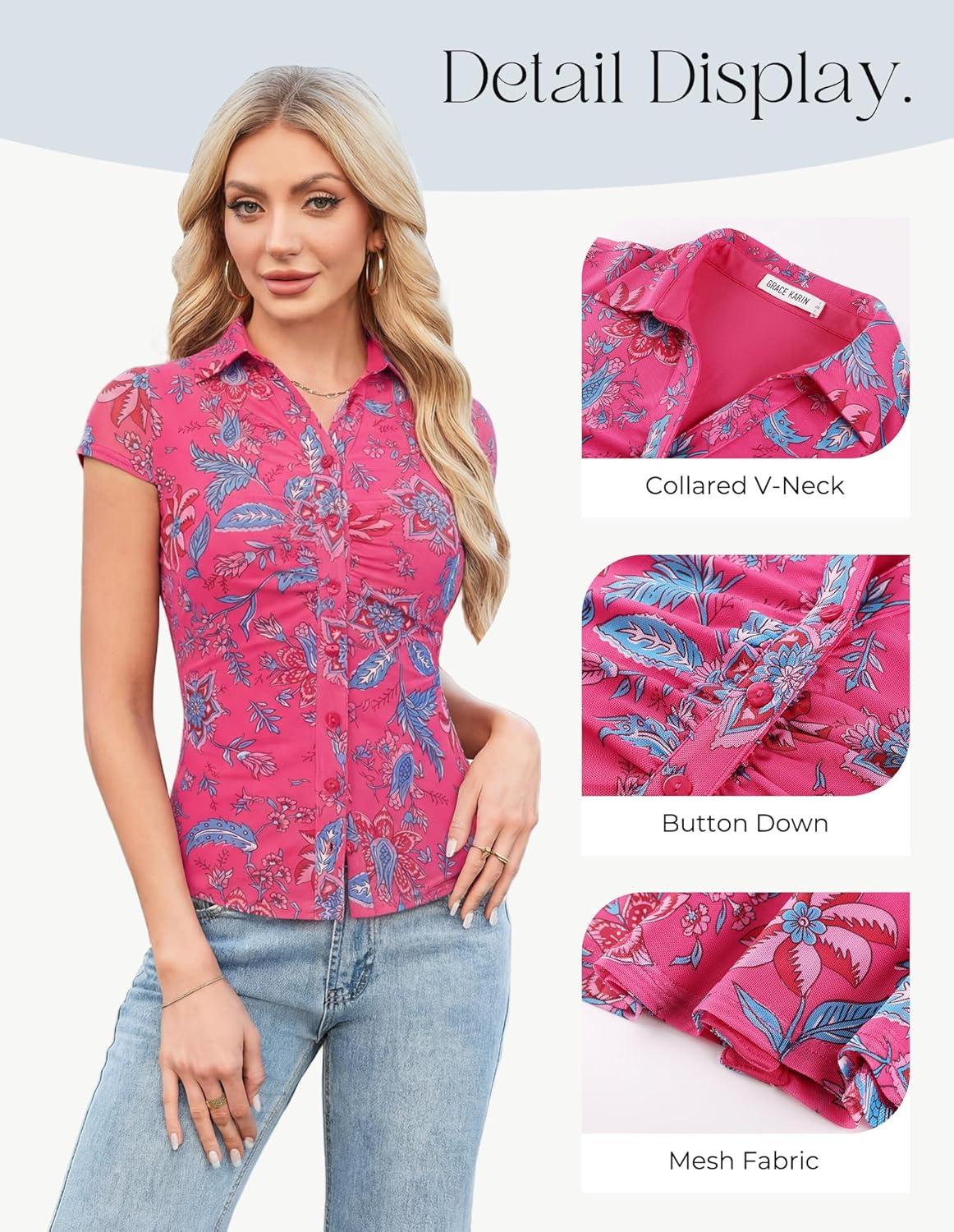 imageGRACE KARIN Women Mesh Boho Tops Dressy Casual Short Sleeve Button Down Collared Shirts 2026 Summer Fashion Floral BlousesRose Red
