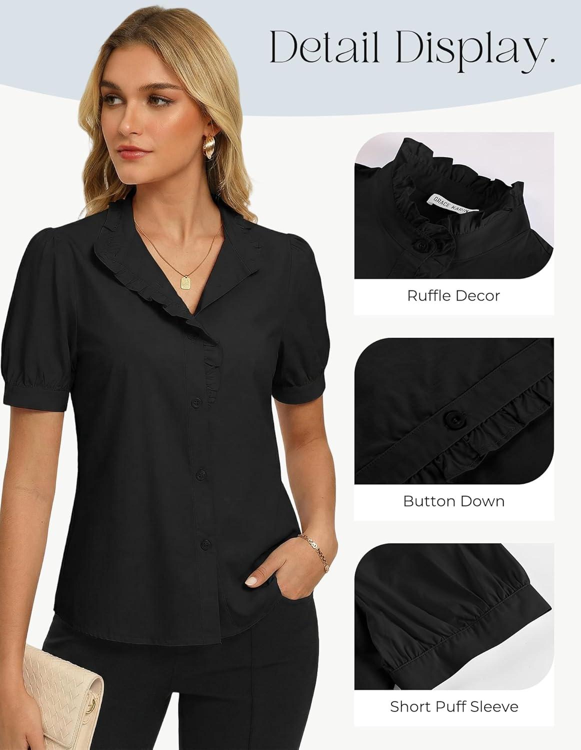 imageGRACE KARIN Womens 2026 Summer Short Sleeve Tops Dressy Casual V Neck Blouses Trendy Button Down Shirts Work OfficeBlack