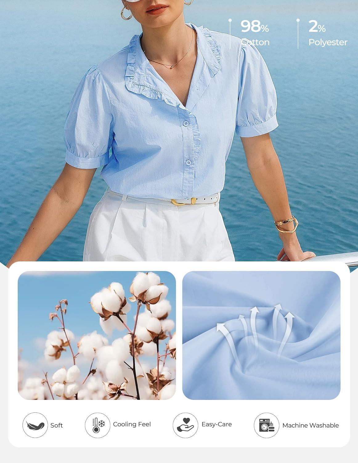 imageGRACE KARIN Womens 2026 Summer Short Sleeve Tops Dressy Casual V Neck Blouses Trendy Button Down Shirts Work OfficeBlue