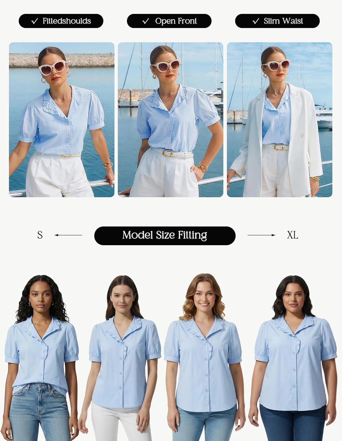 imageGRACE KARIN Womens 2026 Summer Short Sleeve Tops Dressy Casual V Neck Blouses Trendy Button Down Shirts Work OfficeBlue