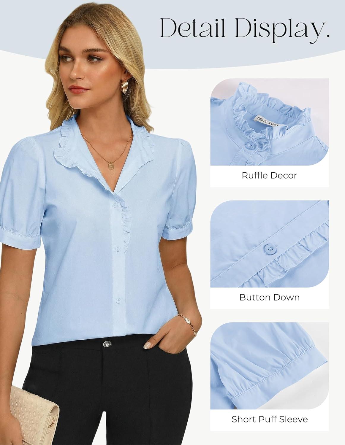 imageGRACE KARIN Womens 2026 Summer Short Sleeve Tops Dressy Casual V Neck Blouses Trendy Button Down Shirts Work OfficeBlue
