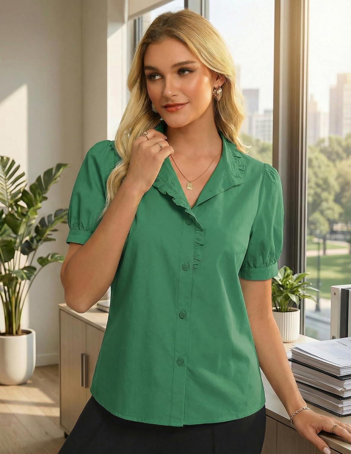 imageGRACE KARIN Womens 2026 Summer Short Sleeve Tops Dressy Casual V Neck Blouses Trendy Button Down Shirts Work OfficeGreen