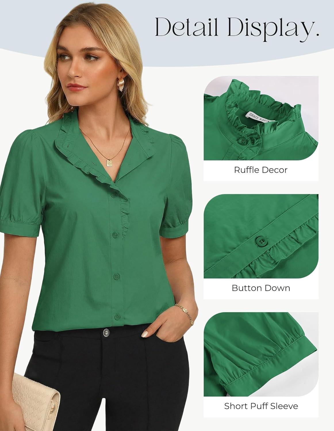 imageGRACE KARIN Womens 2026 Summer Short Sleeve Tops Dressy Casual V Neck Blouses Trendy Button Down Shirts Work OfficeGreen