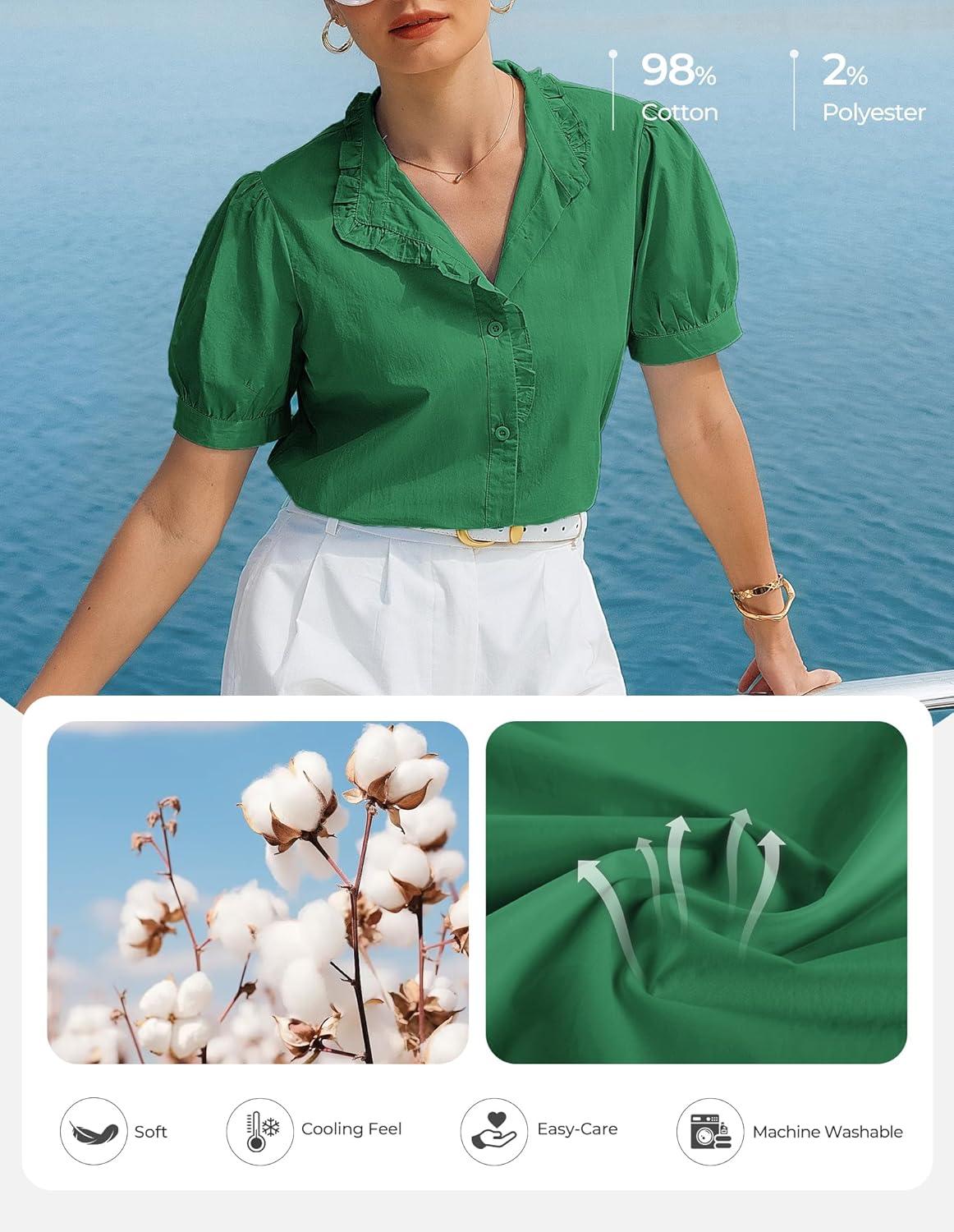 imageGRACE KARIN Womens 2026 Summer Short Sleeve Tops Dressy Casual V Neck Blouses Trendy Button Down Shirts Work OfficeGreen