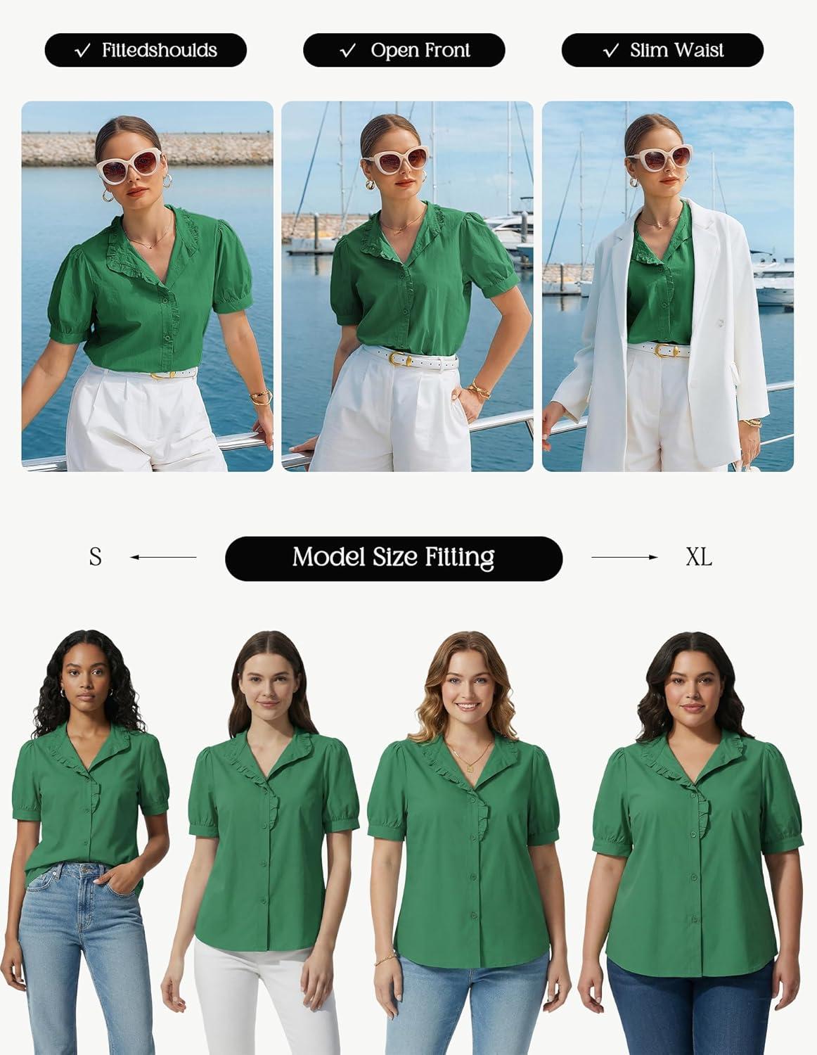 imageGRACE KARIN Womens 2026 Summer Short Sleeve Tops Dressy Casual V Neck Blouses Trendy Button Down Shirts Work OfficeGreen