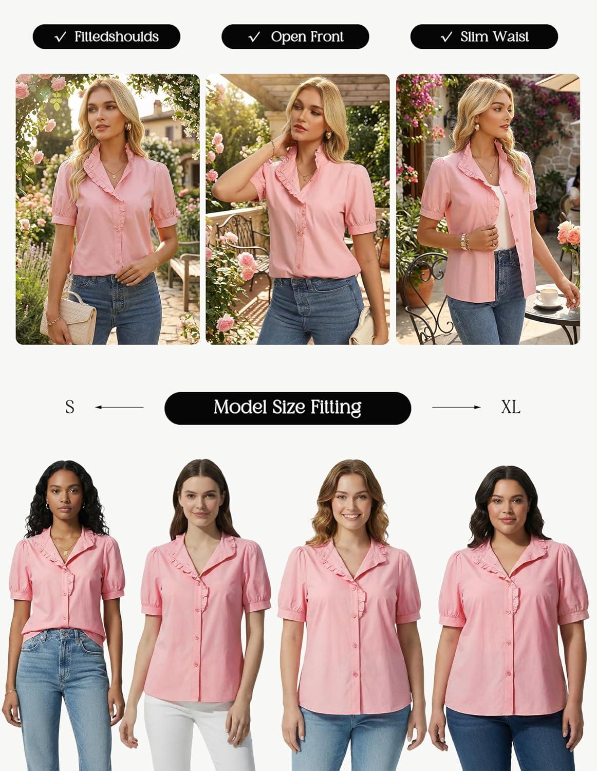 imageGRACE KARIN Womens 2026 Summer Short Sleeve Tops Dressy Casual V Neck Blouses Trendy Button Down Shirts Work OfficePink