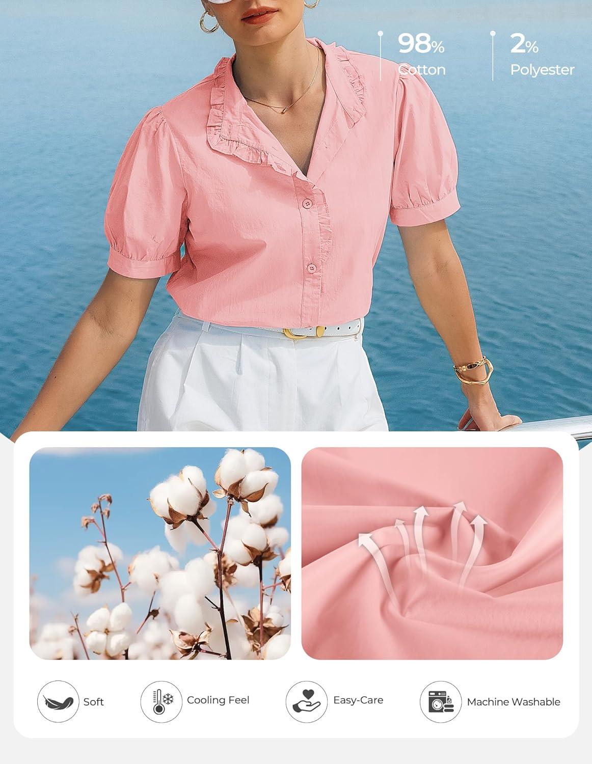imageGRACE KARIN Womens 2026 Summer Short Sleeve Tops Dressy Casual V Neck Blouses Trendy Button Down Shirts Work OfficePink