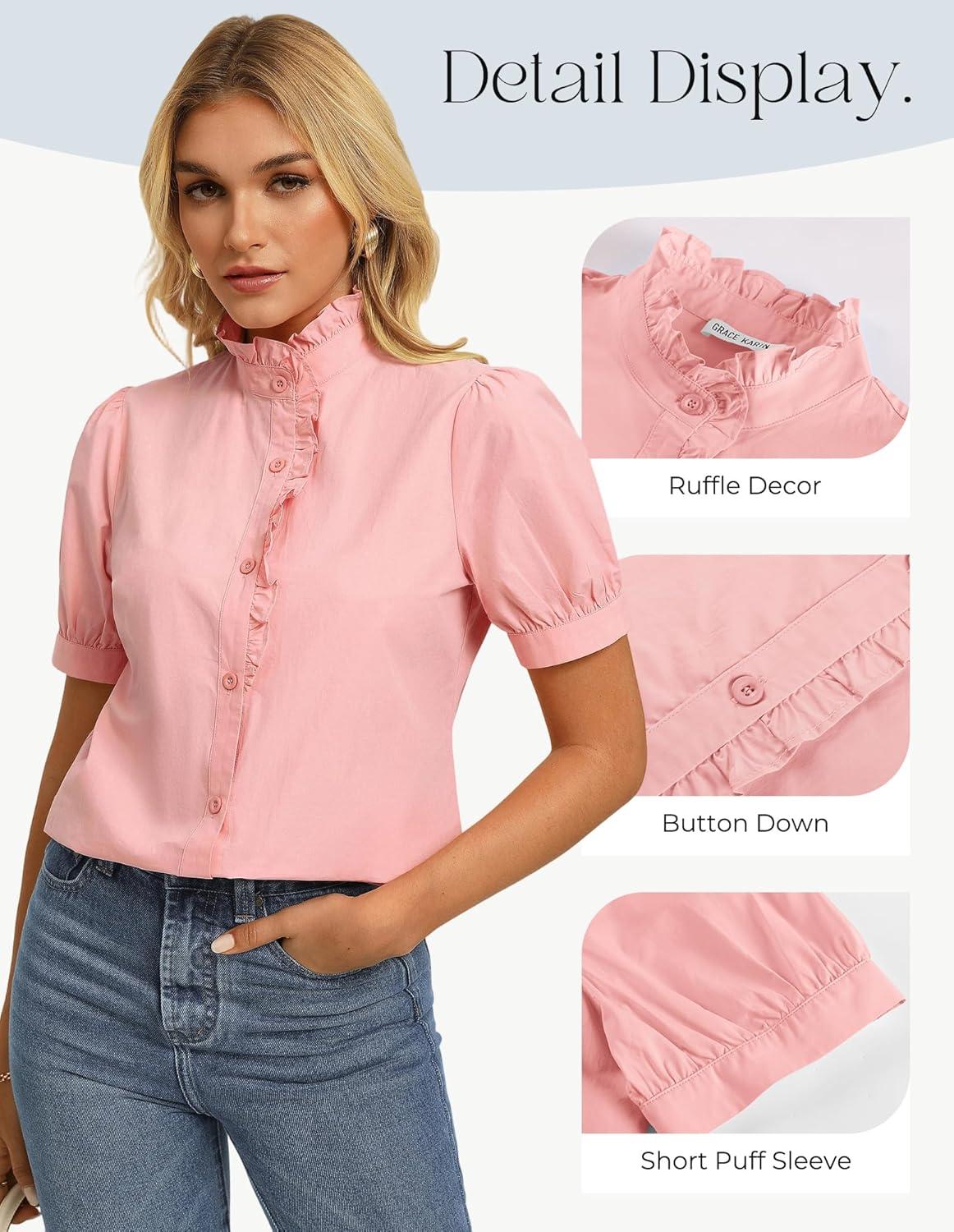 imageGRACE KARIN Womens 2026 Summer Short Sleeve Tops Dressy Casual V Neck Blouses Trendy Button Down Shirts Work OfficePink