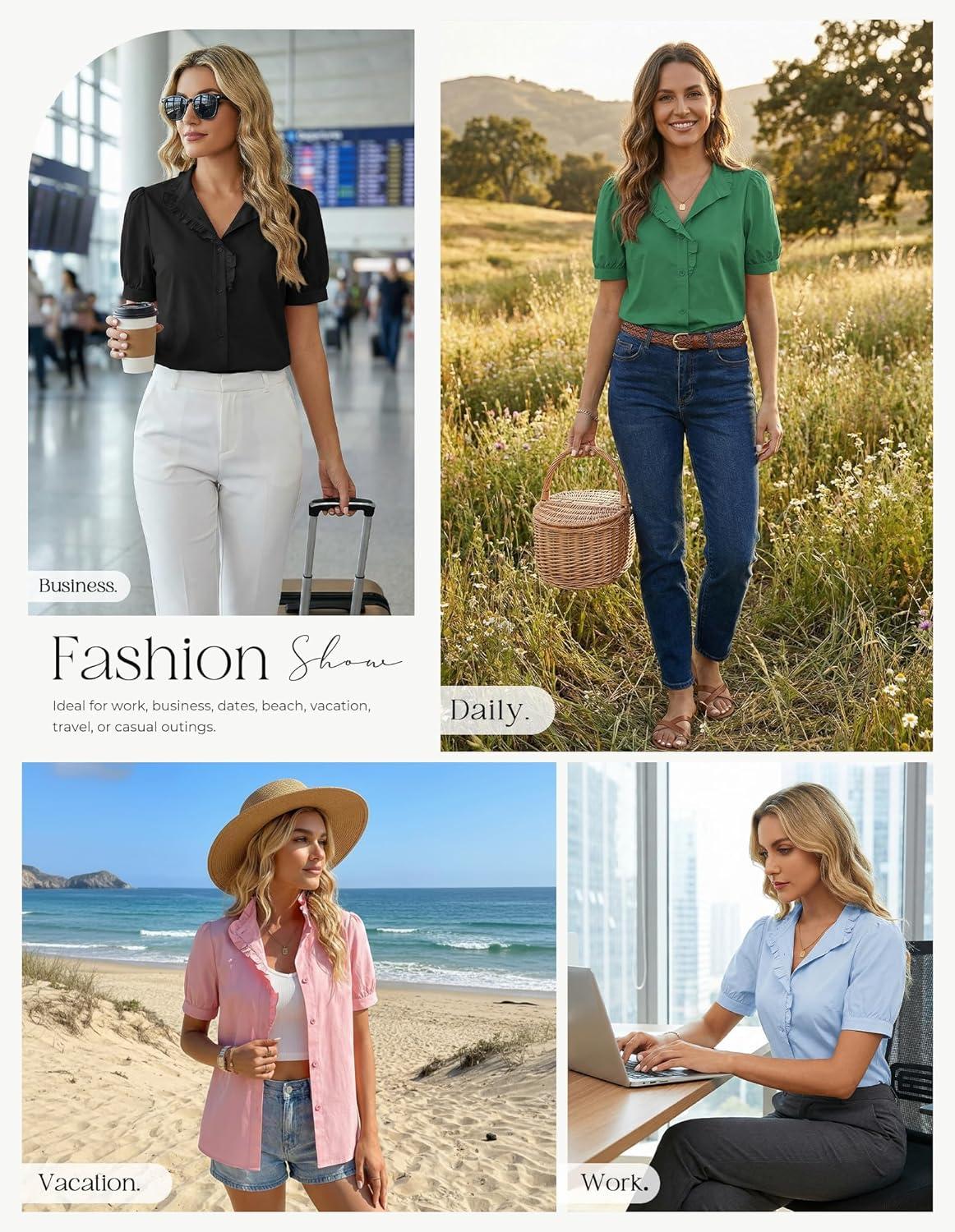 imageGRACE KARIN Womens 2026 Summer Short Sleeve Tops Dressy Casual V Neck Blouses Trendy Button Down Shirts Work OfficePink