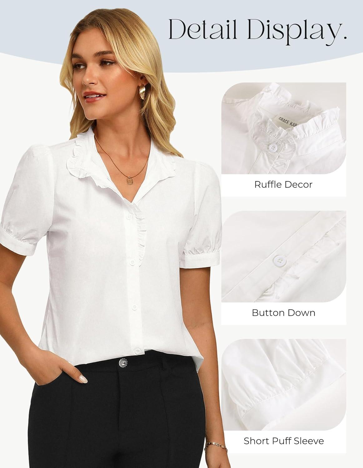 imageGRACE KARIN Womens 2026 Summer Short Sleeve Tops Dressy Casual V Neck Blouses Trendy Button Down Shirts Work OfficeWhite