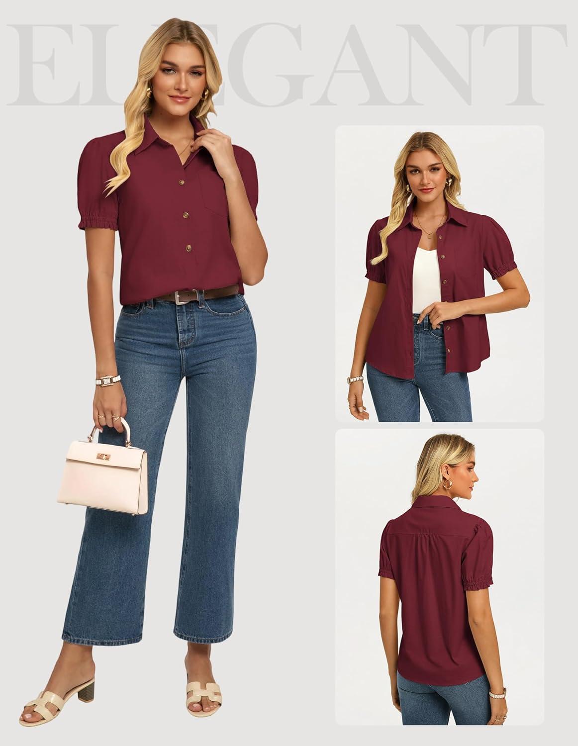 imageGRACE KARIN Womens Cotton Linen Blouse V Neck Puff Short Sleeve Button Down Work Summer TopsBurgundy