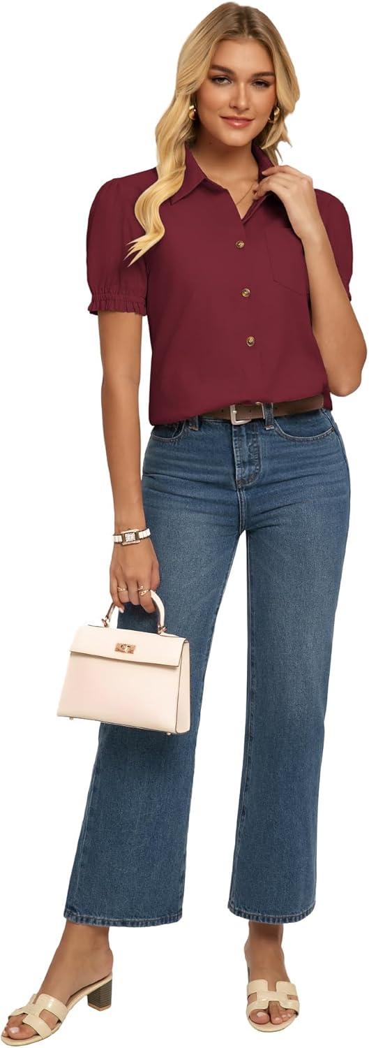 imageGRACE KARIN Womens Cotton Linen Blouse V Neck Puff Short Sleeve Button Down Work Summer TopsBurgundy