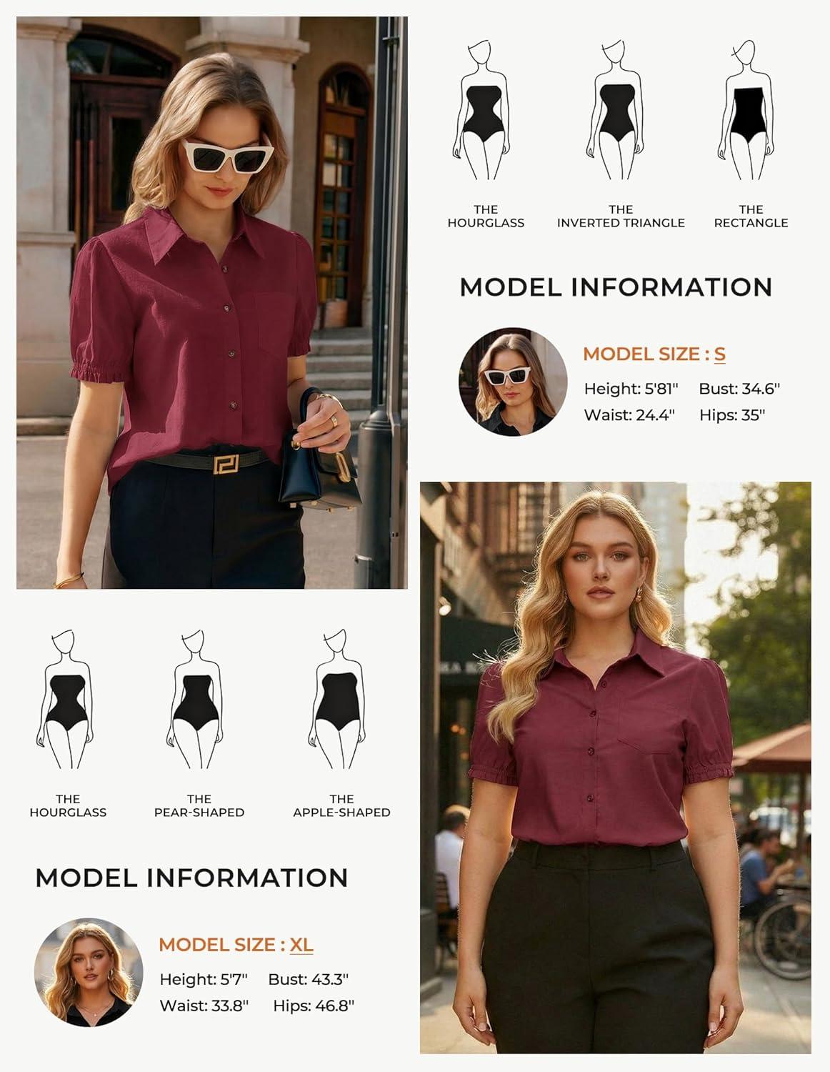 imageGRACE KARIN Womens Cotton Linen Blouse V Neck Puff Short Sleeve Button Down Work Summer TopsBurgundy
