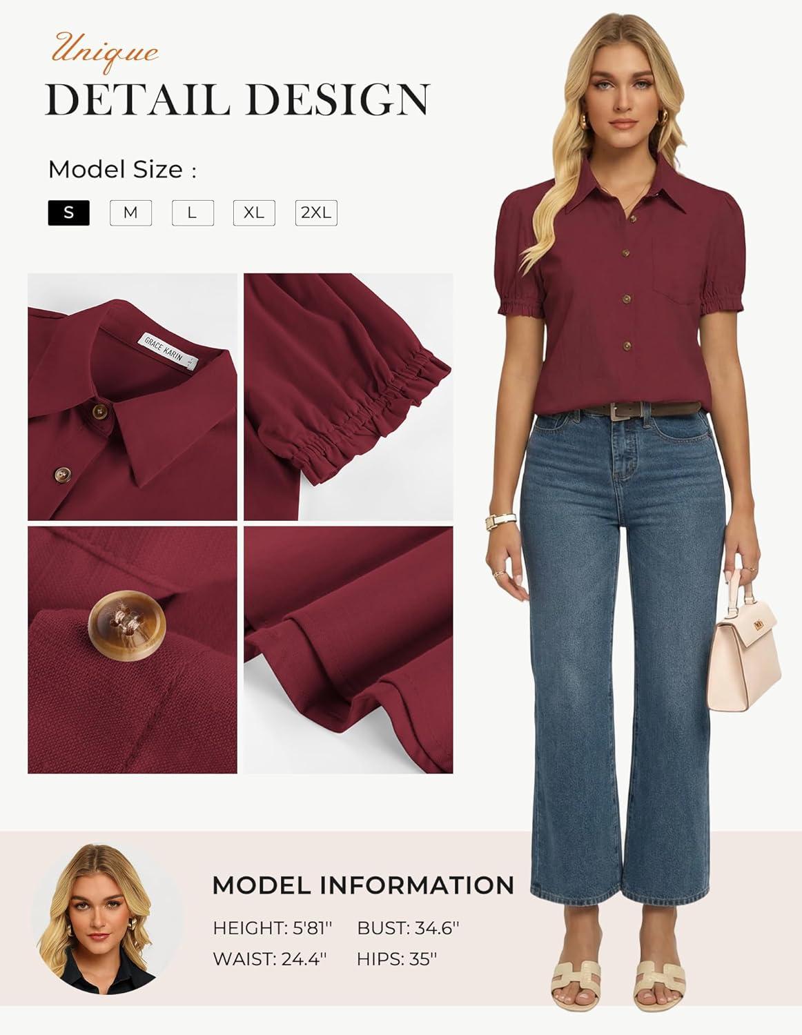 imageGRACE KARIN Womens Cotton Linen Blouse V Neck Puff Short Sleeve Button Down Work Summer TopsBurgundy