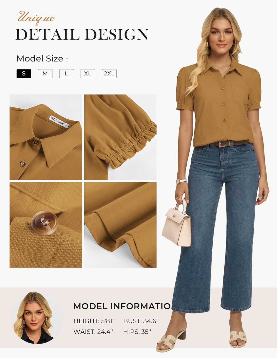 imageGRACE KARIN Womens Cotton Linen Blouse V Neck Puff Short Sleeve Button Down Work Summer TopsGinger