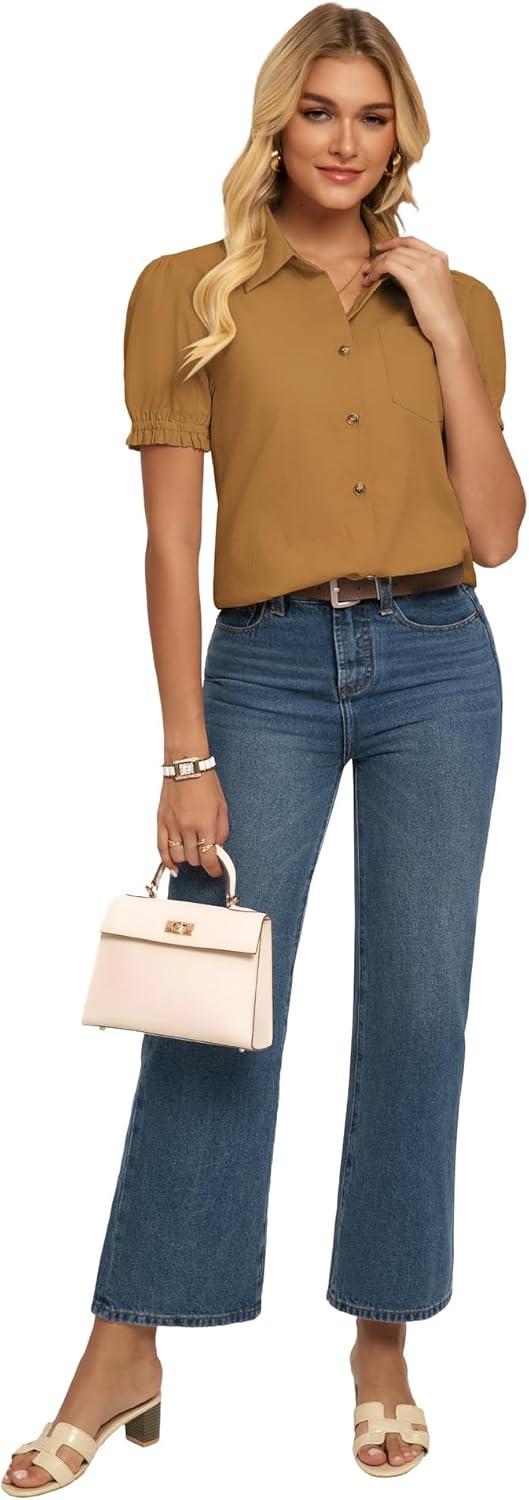 imageGRACE KARIN Womens Cotton Linen Blouse V Neck Puff Short Sleeve Button Down Work Summer TopsGinger