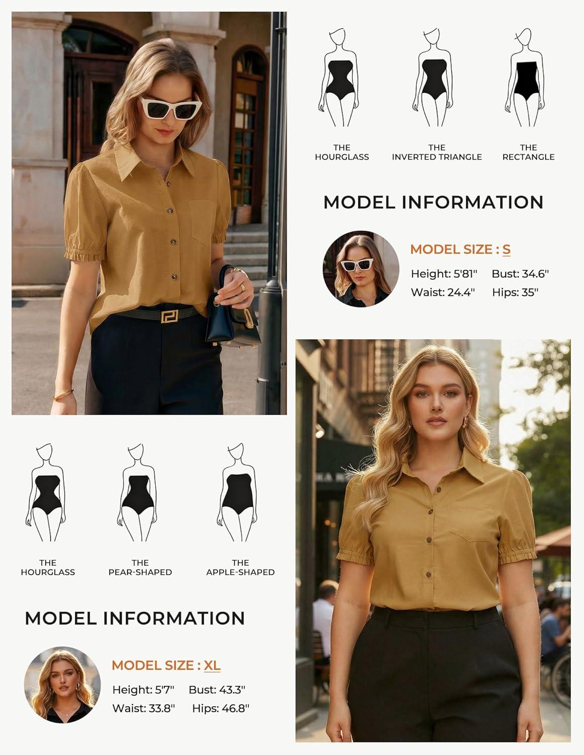 imageGRACE KARIN Womens Cotton Linen Blouse V Neck Puff Short Sleeve Button Down Work Summer TopsGinger