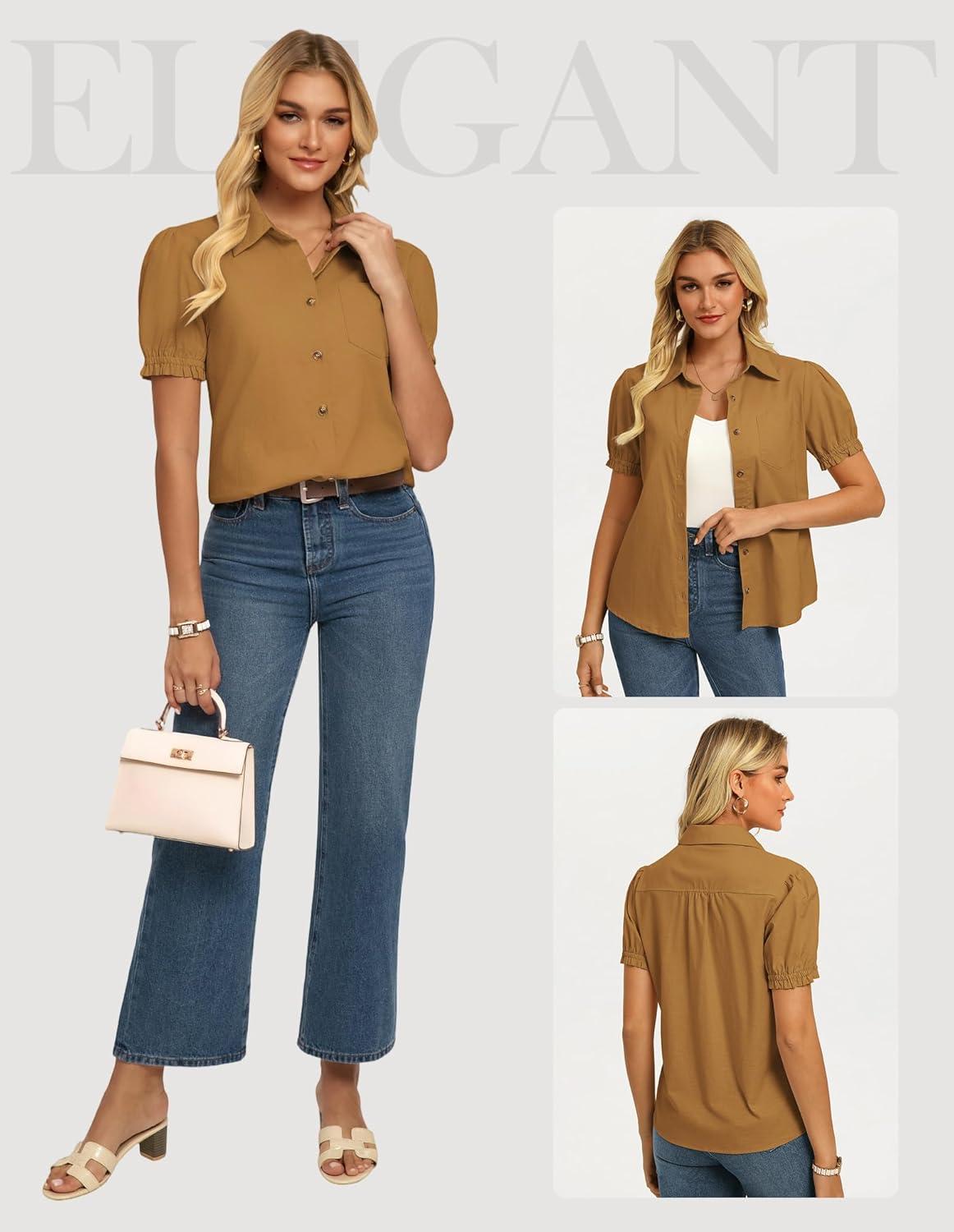 imageGRACE KARIN Womens Cotton Linen Blouse V Neck Puff Short Sleeve Button Down Work Summer TopsGinger