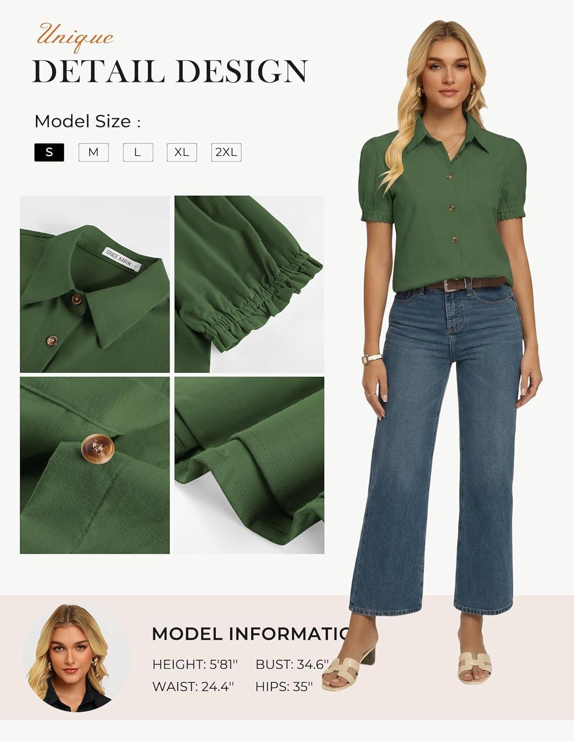 imageGRACE KARIN Womens Cotton Linen Blouse V Neck Puff Short Sleeve Button Down Work Summer TopsOlive Drab