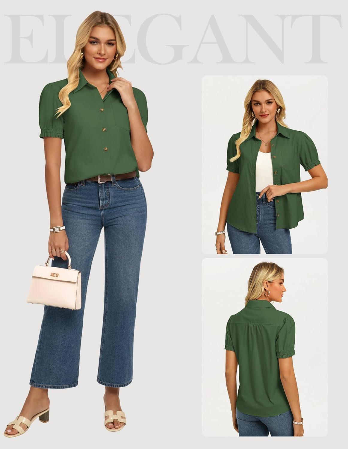 imageGRACE KARIN Womens Cotton Linen Blouse V Neck Puff Short Sleeve Button Down Work Summer TopsOlive Drab